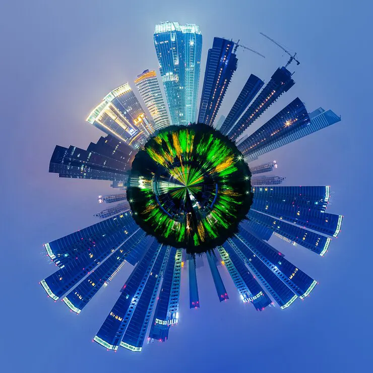 Building technology and IoT solutions-a futuristic cityscape with a digital transformation concept, featuring smart buildings and innovative technology.