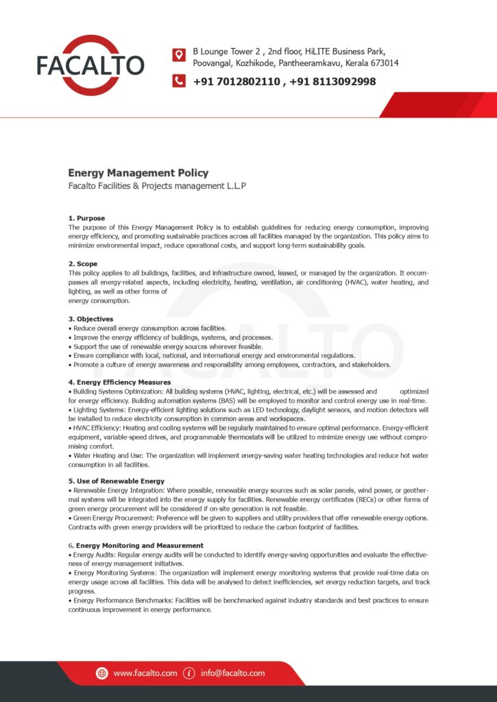 "Facalto's energy policy document highlighting sustainability and energy efficiency goals."