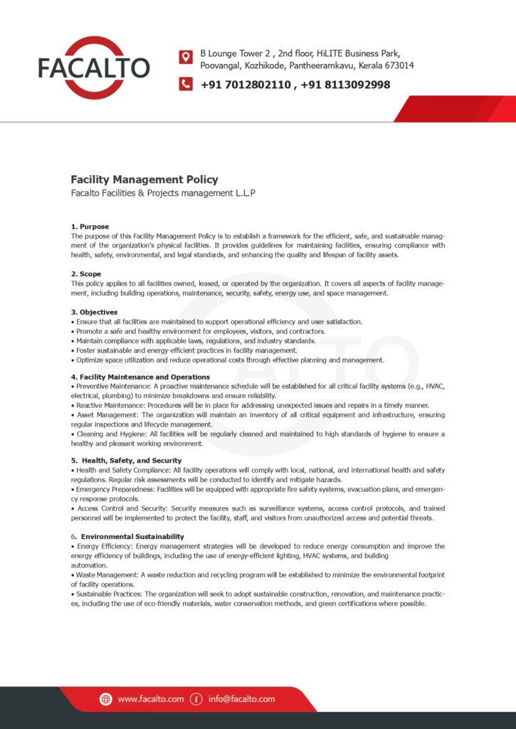 "Facalto's facility management policy document displayed on a digital tablet."